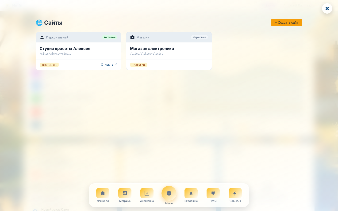 Список сайтов в панели Notix